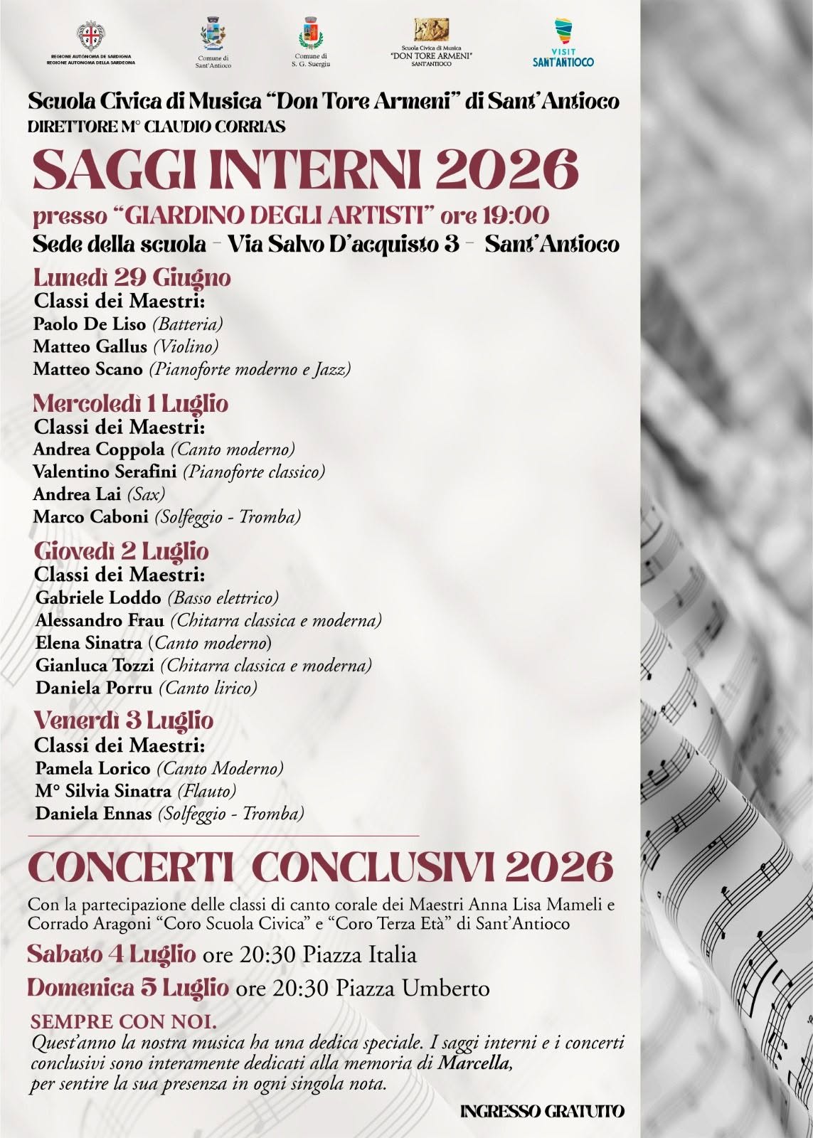 Calendario concerti Scuola Civica di Musica