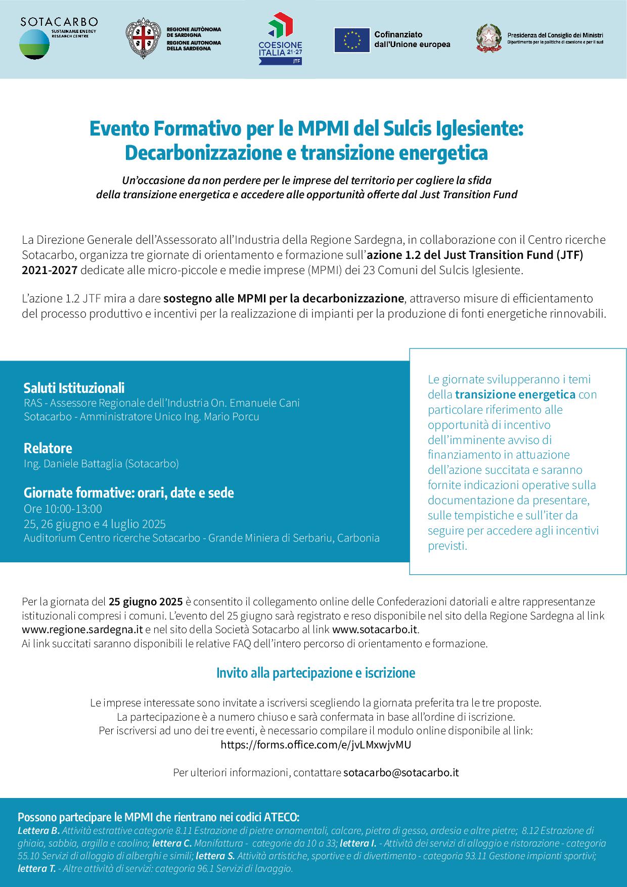 Just Transition Fund: formazione per le MPMI del Sulcis Iglesiente